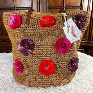 Jessica Simpson Raffia Straw 3D Beaded Floral Feather St. Pete Toast Pink Tote